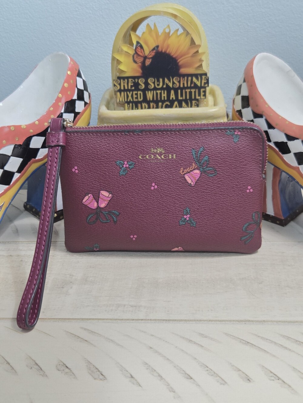 Coach Corner Zip Wristlet Holiday Bells Black Cherry Burgundy EUC
